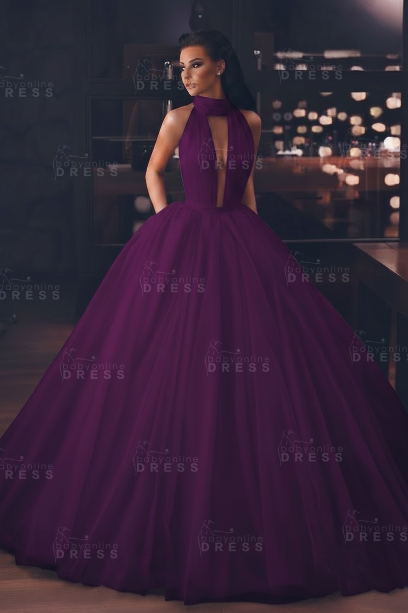 Sexy High-Neck Sleeveless Ball Gown Evening Dress with Pockets