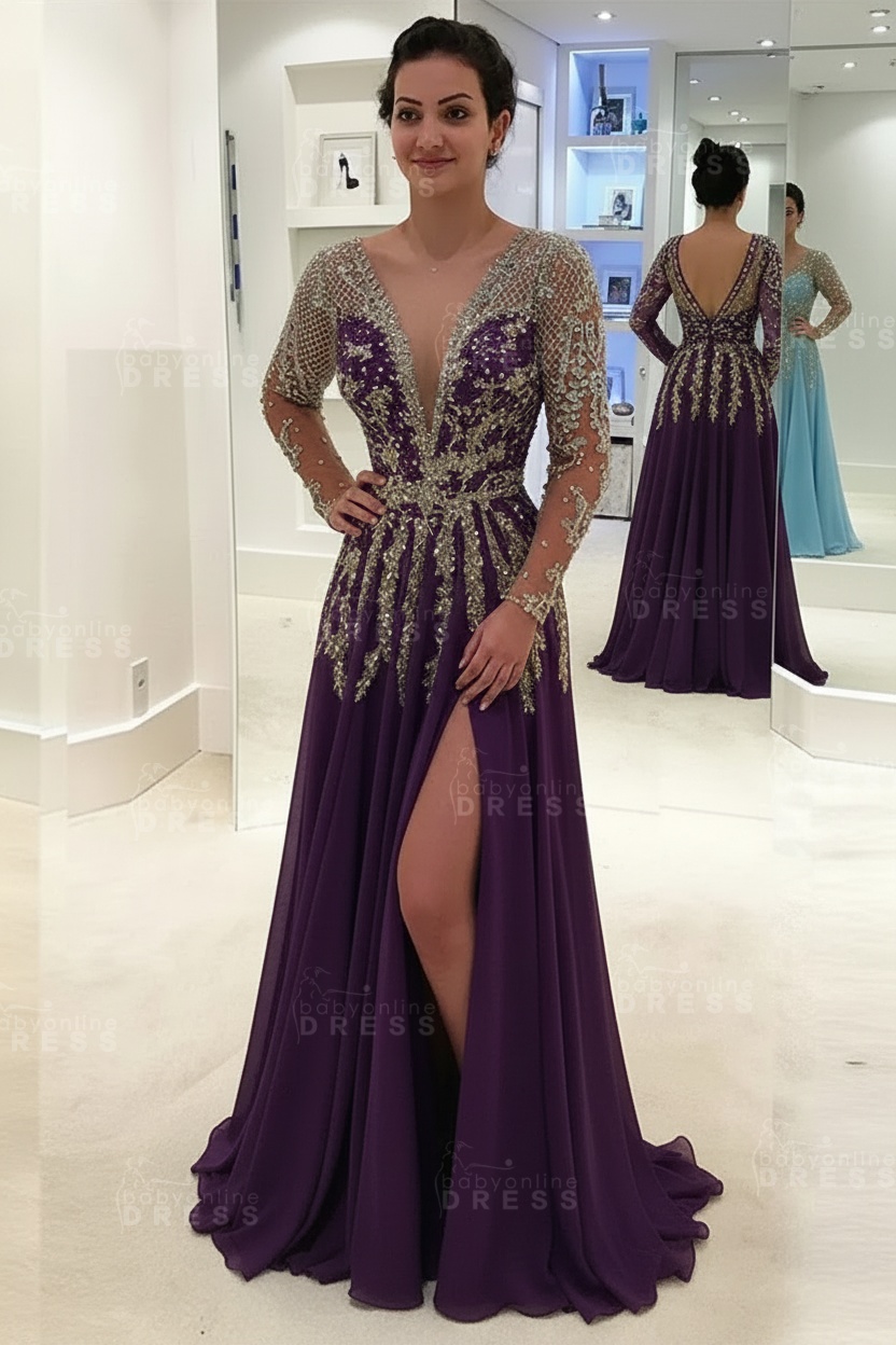 Glamorous V-Neck Long Sleeves Prom Dresses | A-line Crystal Side Slit Evening Gowns