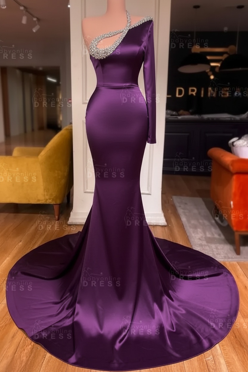 Long sleeves Beaded neckline Black Mermaid Prom Dresses