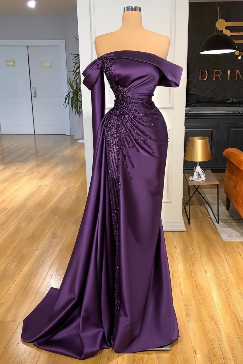 Off-the-Shoulder Satin Floor Length Prom Dress with Side Slit