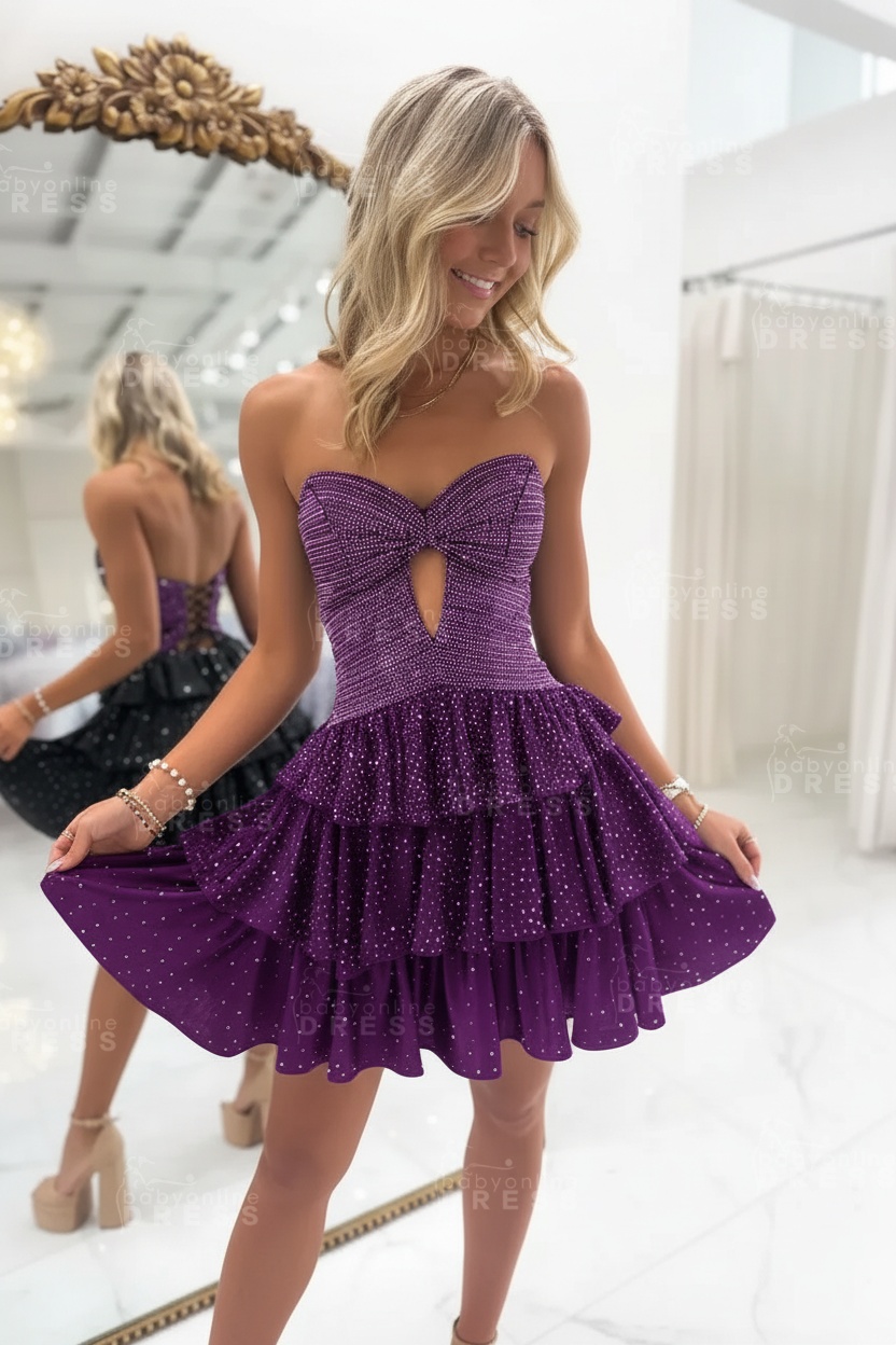 Black Sweetheart Rhinestone Bow Cutout A-Line Tiered Mini Homecoming Dress