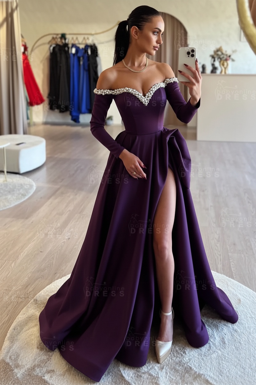 Long sleeves Pearls A-line Princess Front Split Black Prom Dresses