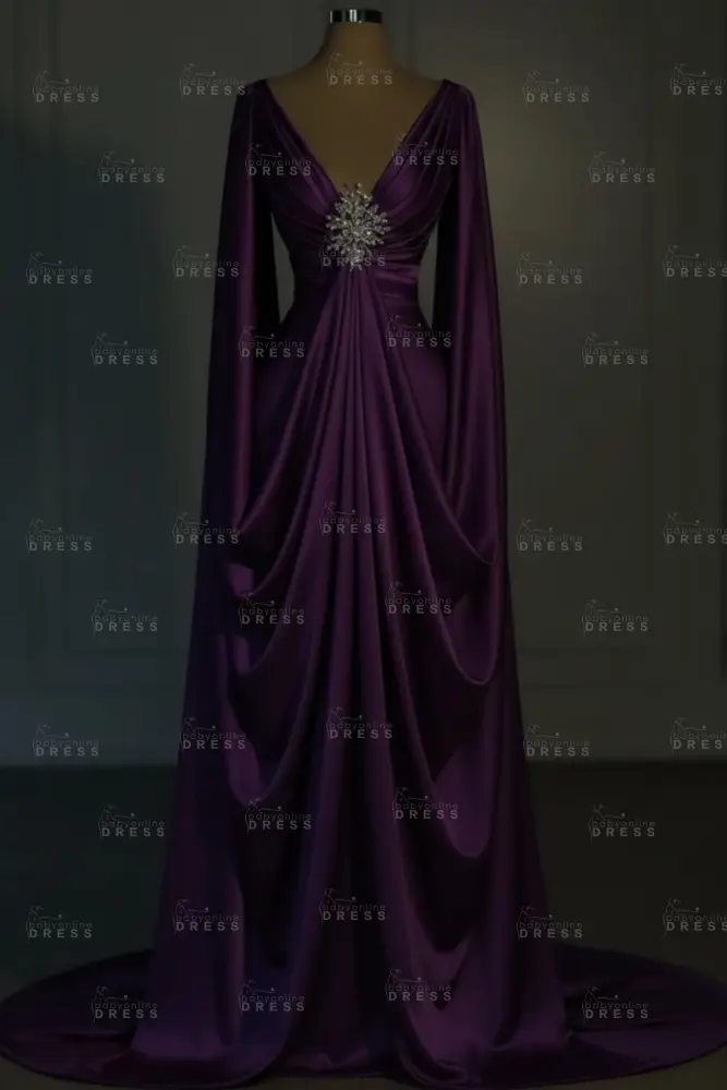 Long sleeves V-neck Satin Ruffles Mermaid Prom Dresses Floor-Length