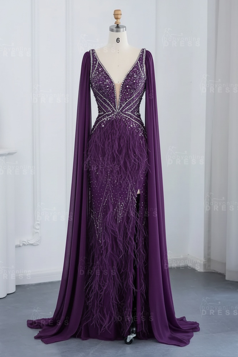 Glamorous V-Neck Fur Beadings Front Slit Mermaid Evening Gowns with Tulle with Cape Sleeves Wedding Party Dress