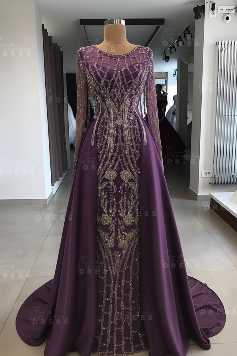 Shining Beaded Long Sleeves Round Neck Prom Dresses With Over Skirt | A Line Evening Gowns