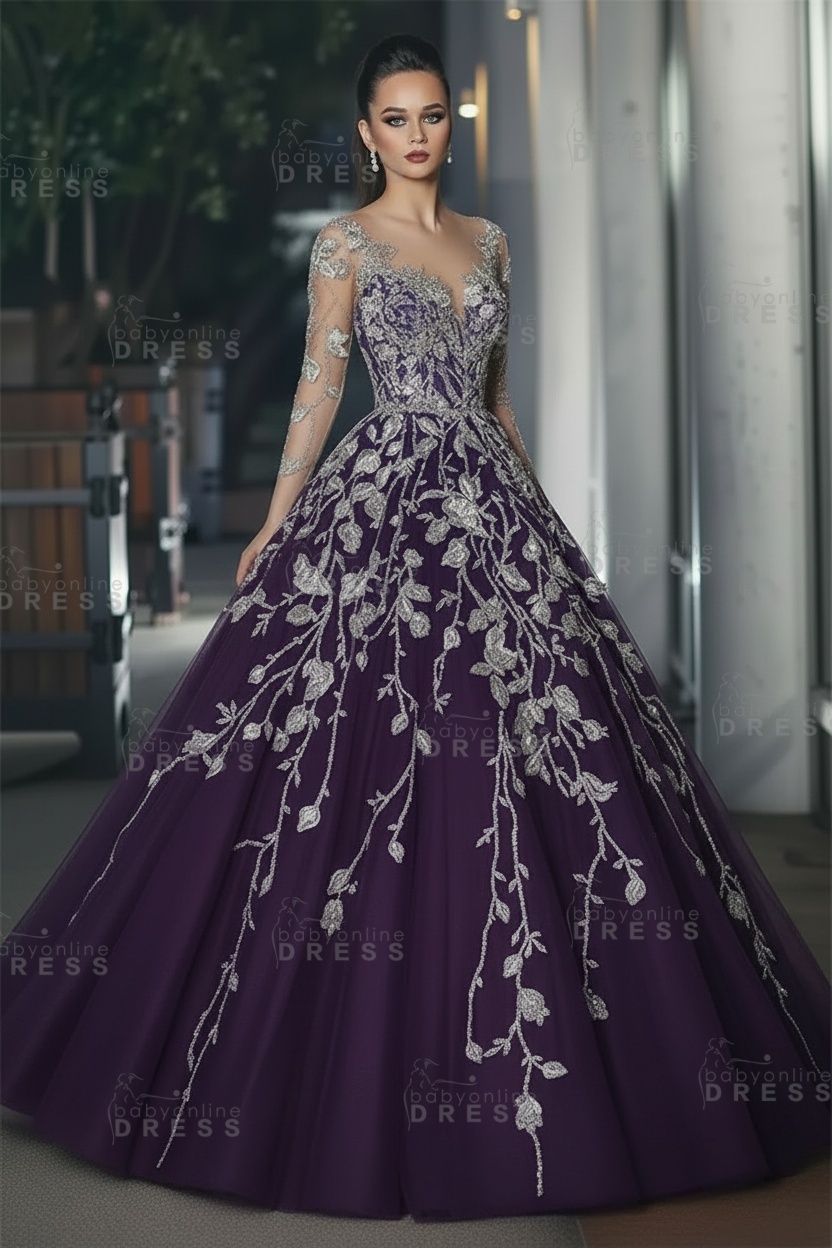 Stunning Illusion Long Sleeve Sexy Evening Gowns | A-line Lace Appliques Tulle Prom Dress