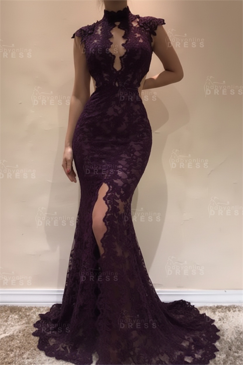 Sleeveless Front Split Evening Dresses | Black High Neck Lace Sexy Prom Dresses