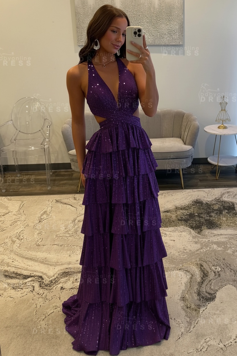 Halter Aline Prom Dress Sequined V-Neck High Split Evening Dress Long