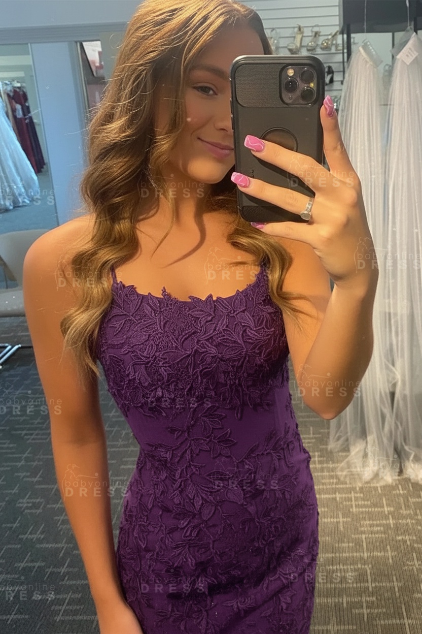 Lilac Spaghetti Straps Lace-up Short Homecoming Dress with Appliques
