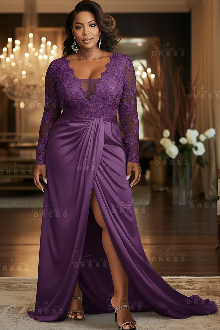 V-neck Appliques Lace Long Sleeve A-Line Prom Dresses with Slit