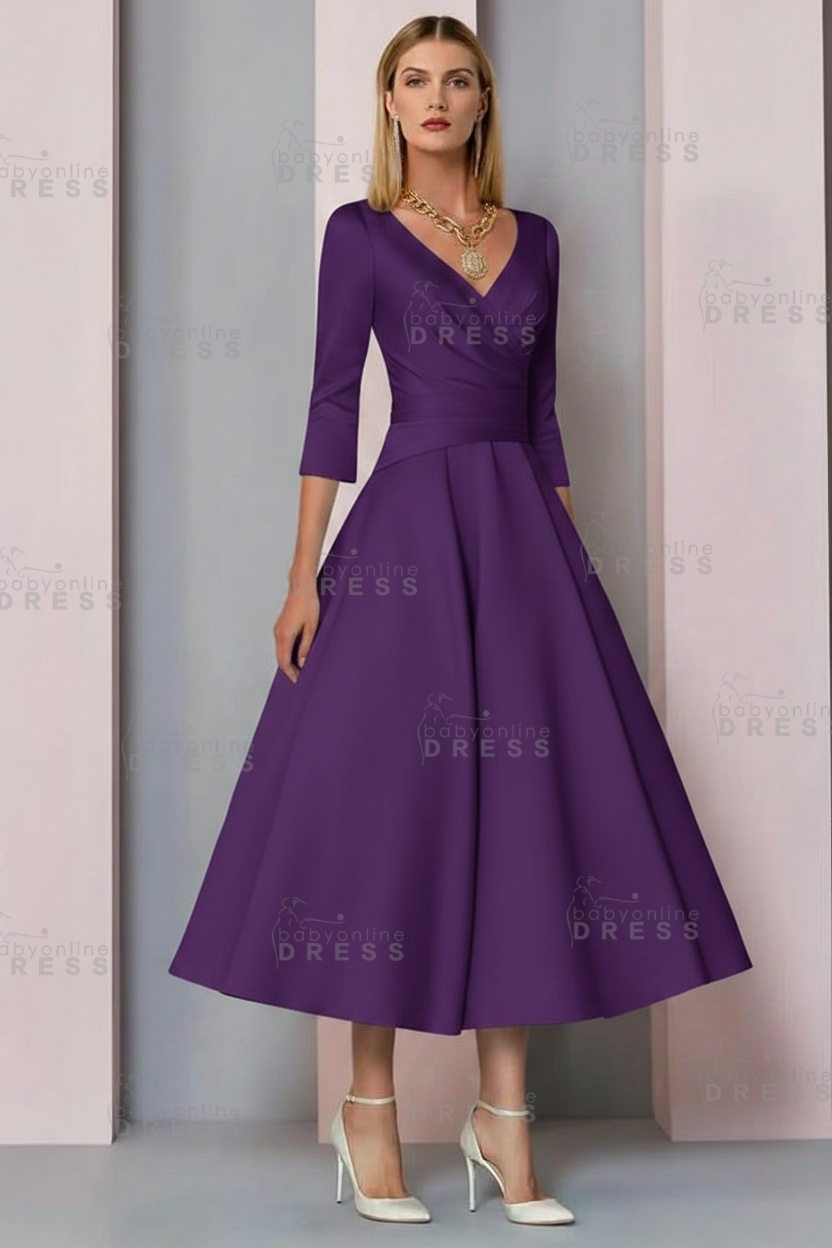 Half Sleeves White Ankle Length Mother of the Bride Dress V-Neck Satin Wedding Guest Dress