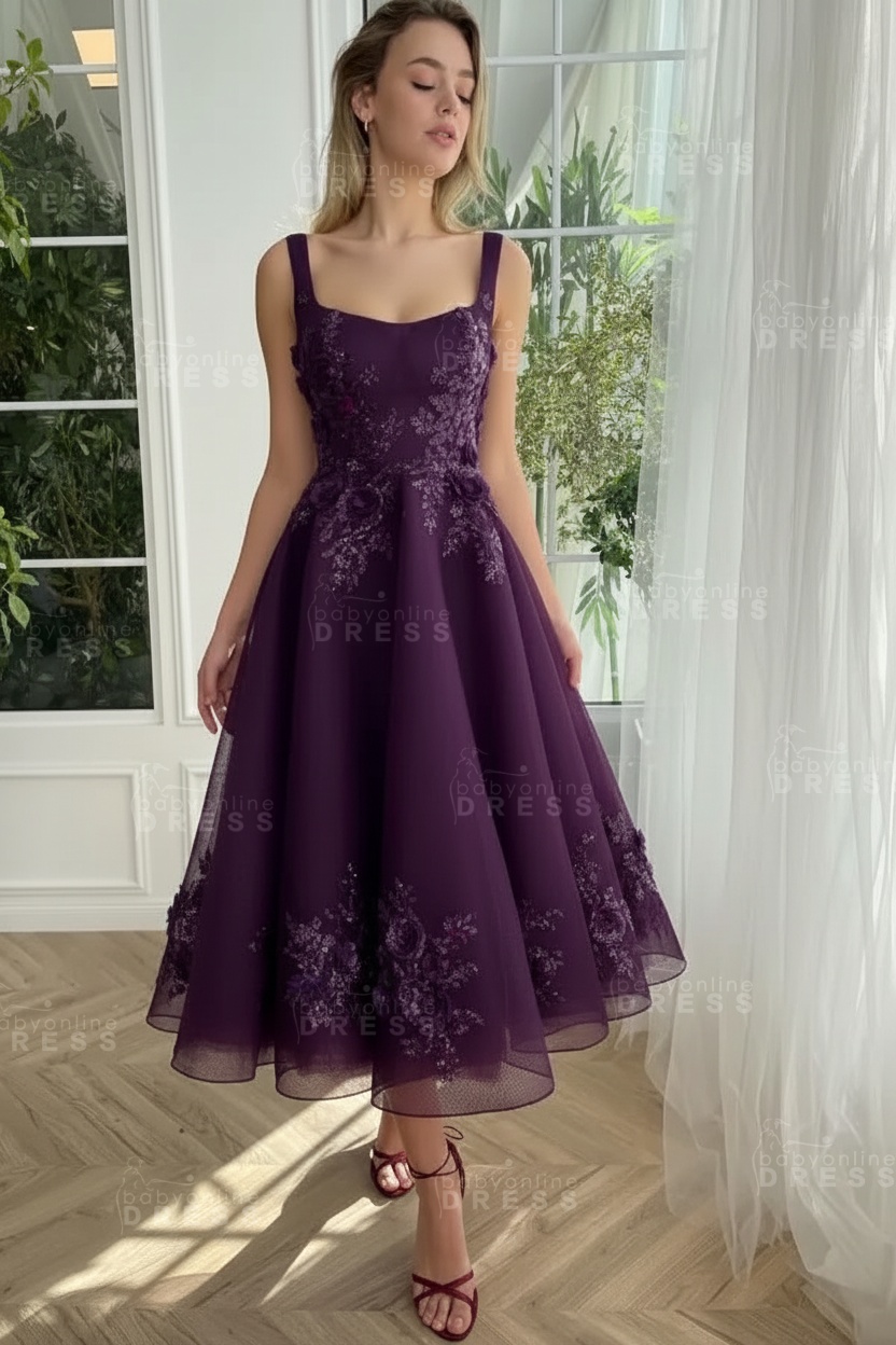 Burgundy Ankle length square neck Homecoming Dress Tulle Aline Formal Dress