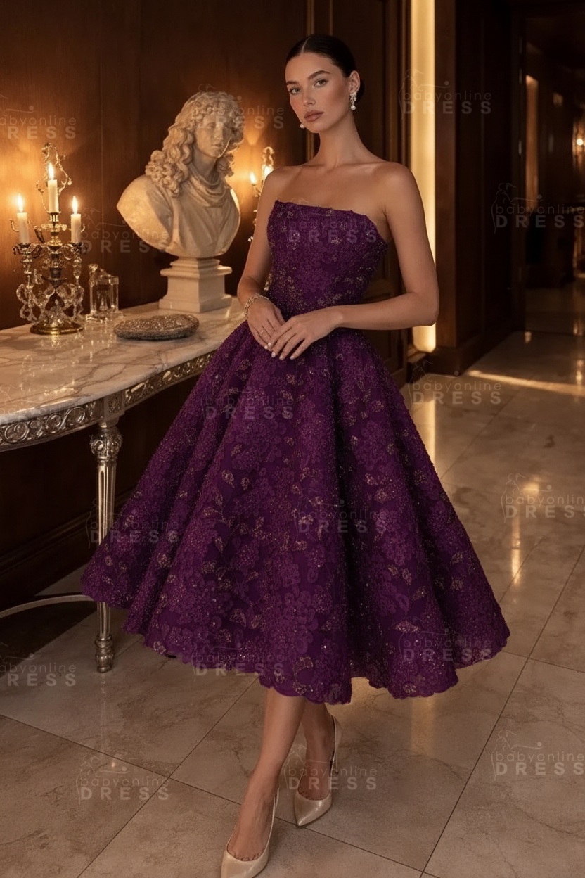 Strapless Yellow Floral A-Line Tea Length Prom Dress with Beadings