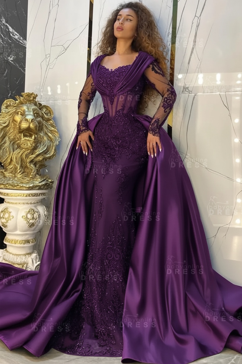 Gorgeous Sweetheart Appliques Lace A-Line Prom Dresses Long Sleeve Chapel Train