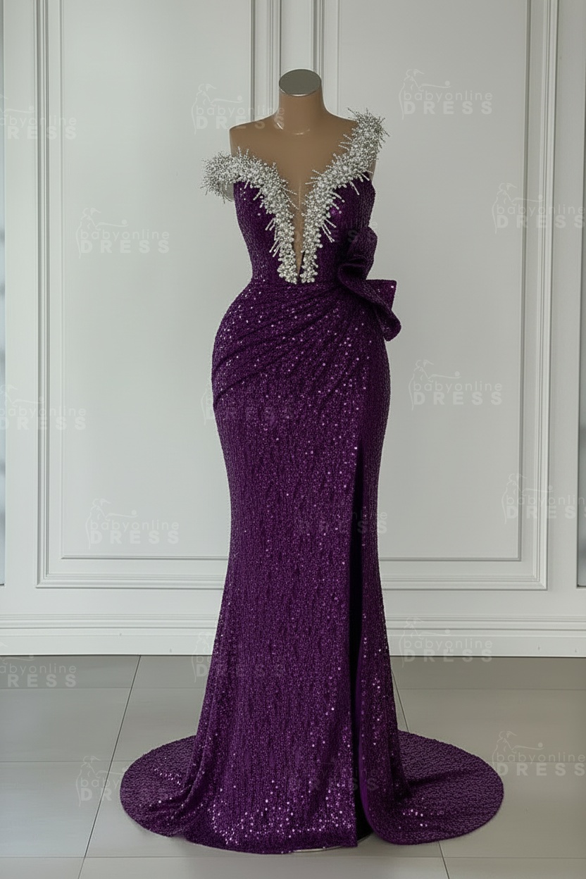 One Shoulder Sequins Sleeveless Long Mermaid Prom Dress