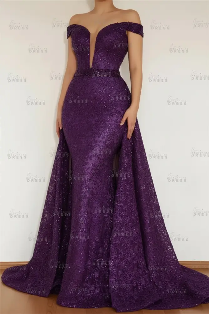 Burgundy Glamorous Mermaid Off The Shoulder Lace Appliques Prom Dress With Detachable Skirt
