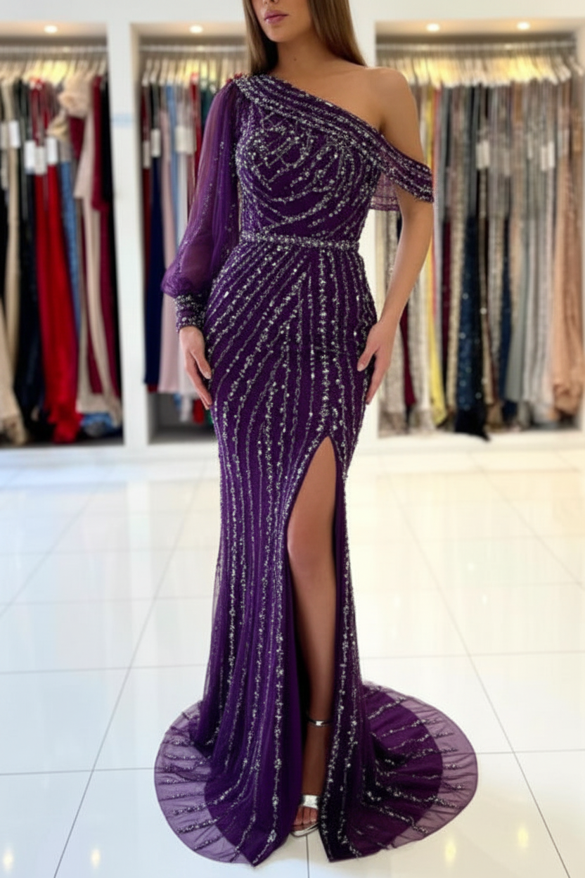 Stunning One Shoulder Shinning Beadings Mermaid Evening Gown with Side Slit