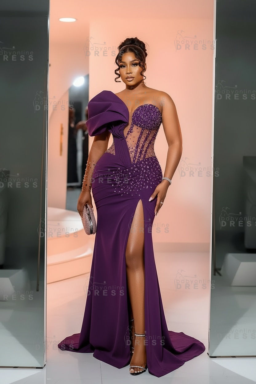 One-Shoulder Long Sleeves Corset Beadings Mermaid Prom Dress with High Split