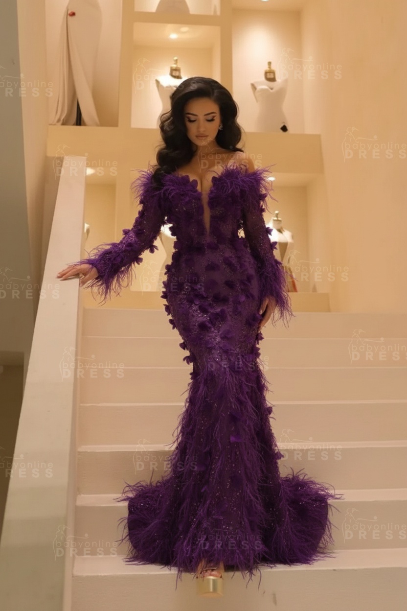 V-neck Long Sleeves Mermaid Evening Dresses Floor Length with Flowers