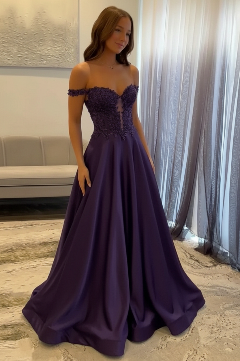 Regency Off-the-Shoulder A-line Evening Dress Lace Prom Dress Long