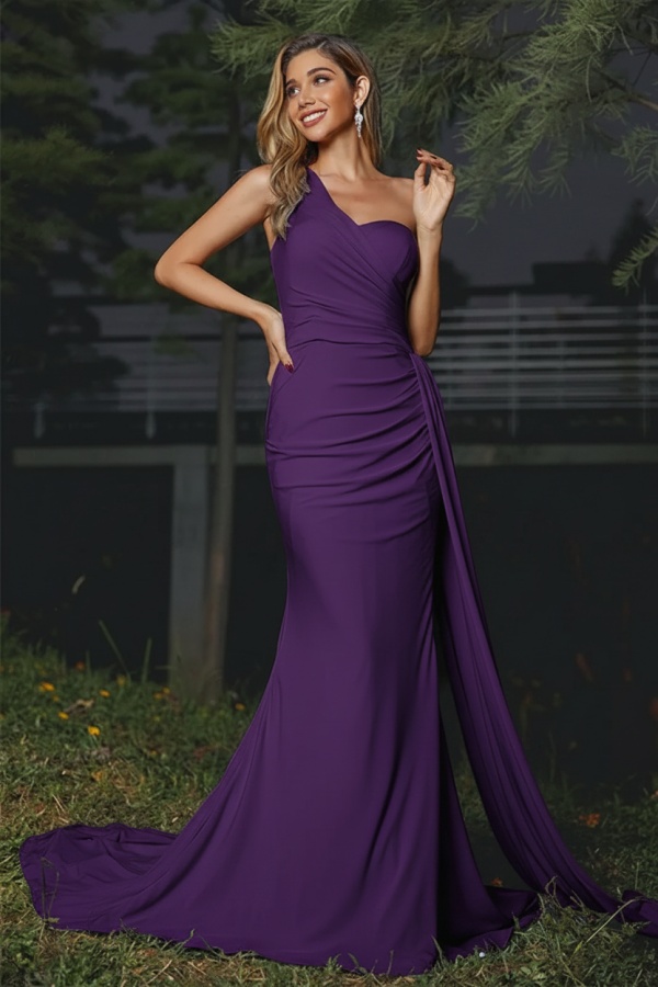 One Shoulder Lavender Satin Evening Dresses Mermaid Prom Dress