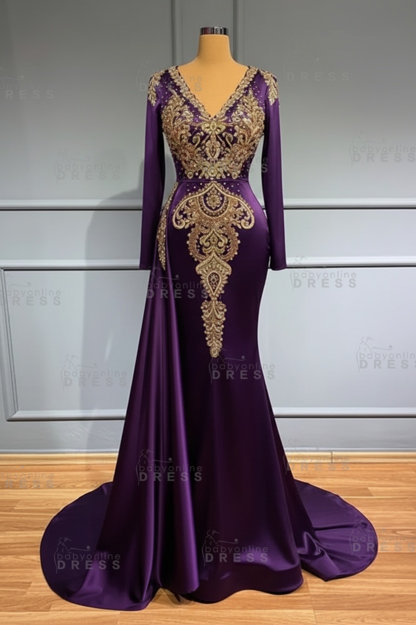 Glamorous V-Neck Long Sleeves Mermaid Prom Dress with Crystals