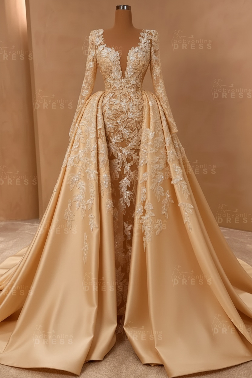 Gorgeous V-neck Trumpet Bridal Gown with Detachable Sweep Train Long Sleeves Floral Wedding Dress