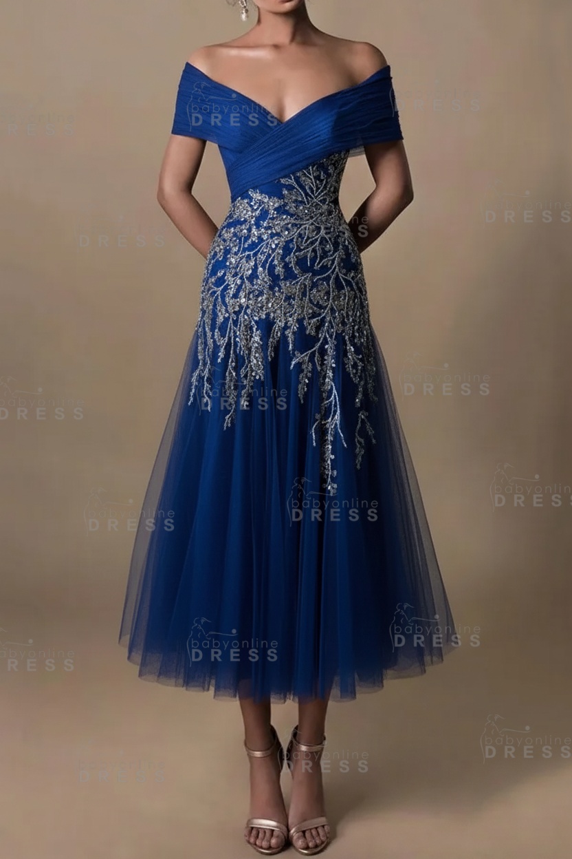 Champagne V-Neck A-Line Tea Length Prom Dress Tulle Mother of the Bride Dress
