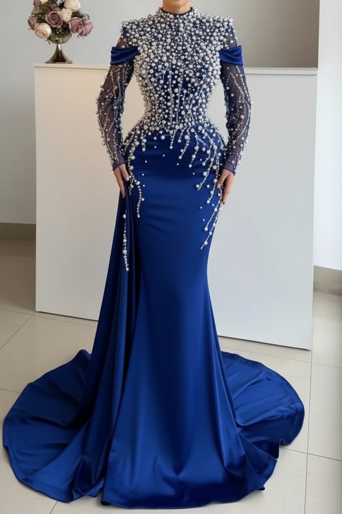 Unique High Neck Beading Long Sleeve Mermaid Prom Dresses