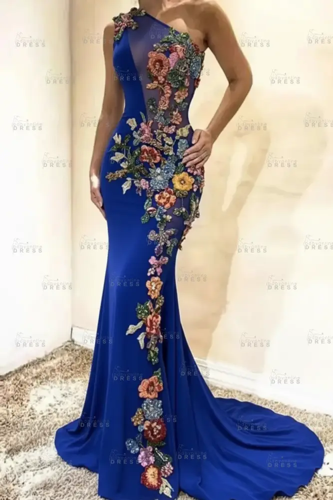 Amazing One-Shoulder Floral Pattern Beadings Floor-Length Mermaid Prom Dress 