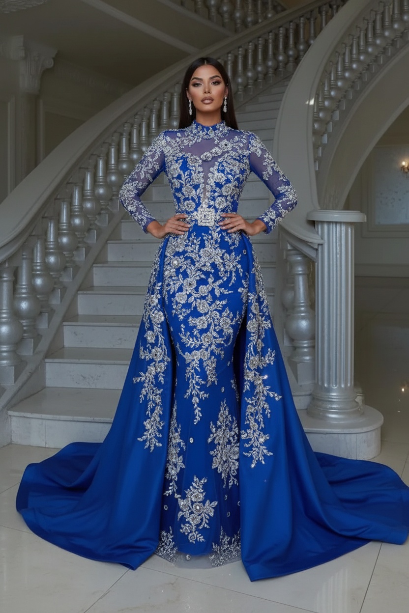 Blushing pink Long sleeves Overskirt Lace Prom Dresses