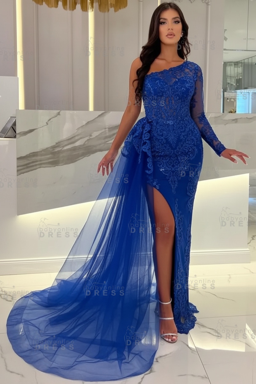 Sexy Sky blue One-shoulder Mermaid Prom Dress Tulle with High split