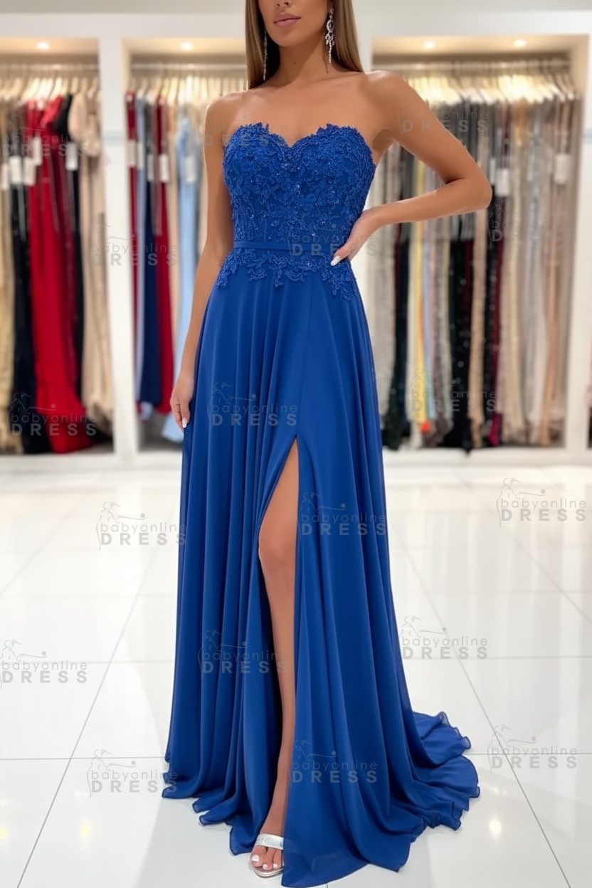 Sweetheart Strapless A-Line Chiffon Floor Length High Split Prom Dress