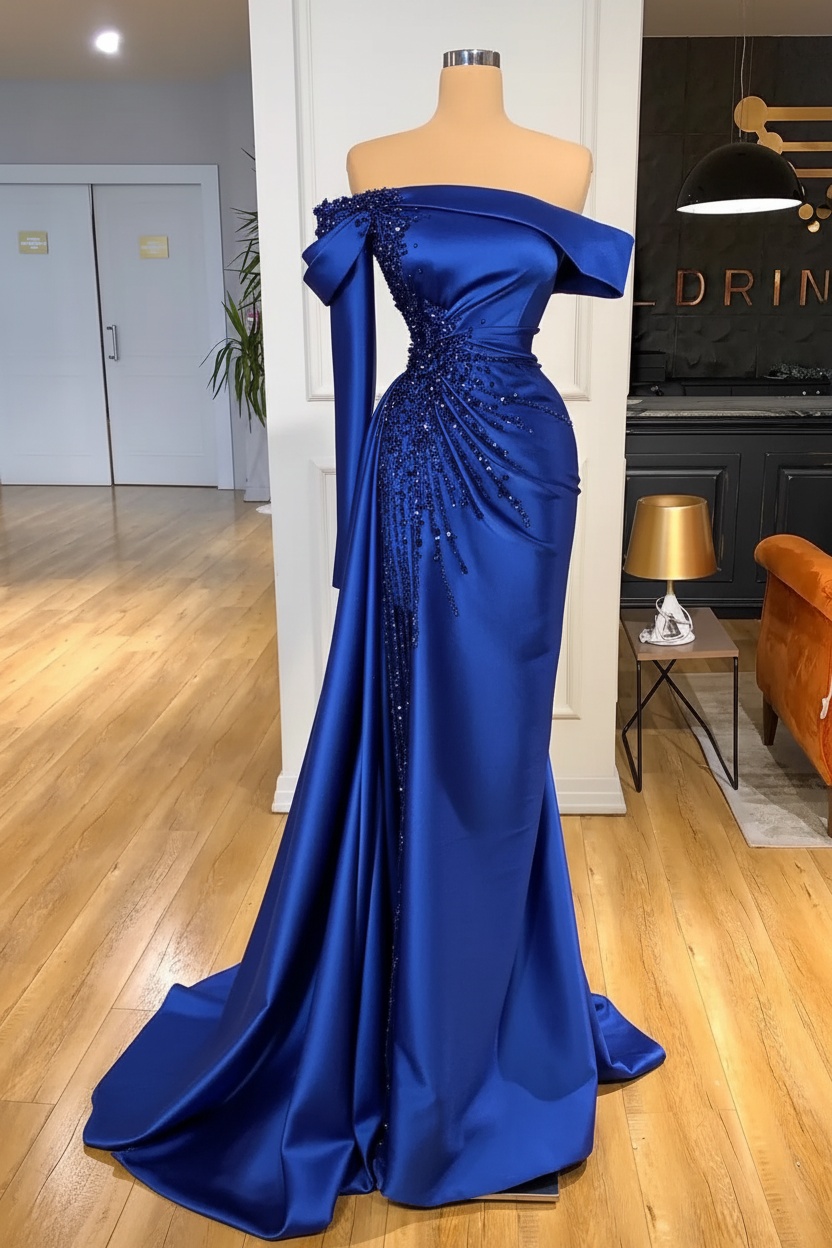 Off-the-Shoulder Satin Floor Length Prom Dress with Side Slit