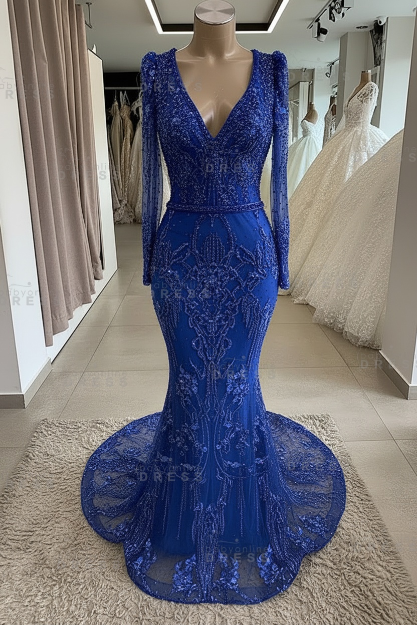 Gorgeous Mermaid Lace Beading V Neck Long Sleeves Prom Dresses | Evening Gowns With Beading Waistband
