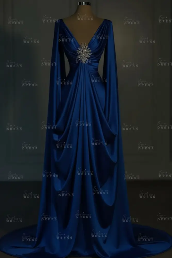 Long sleeves V-neck Satin Ruffles Mermaid Prom Dresses Floor-Length