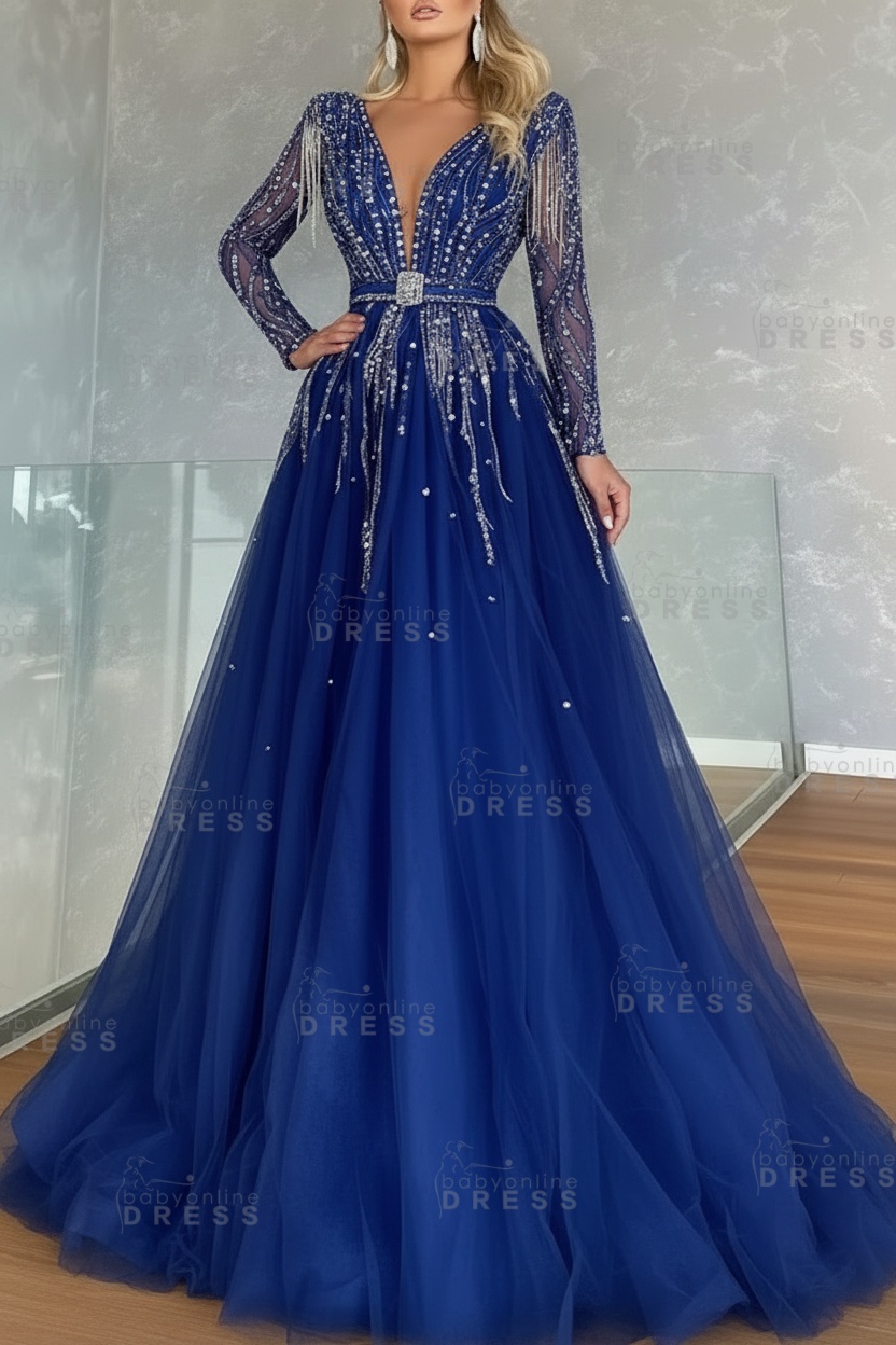 Long Sleeves V-neck Ball Gown A-line Prom Dress with Beadings