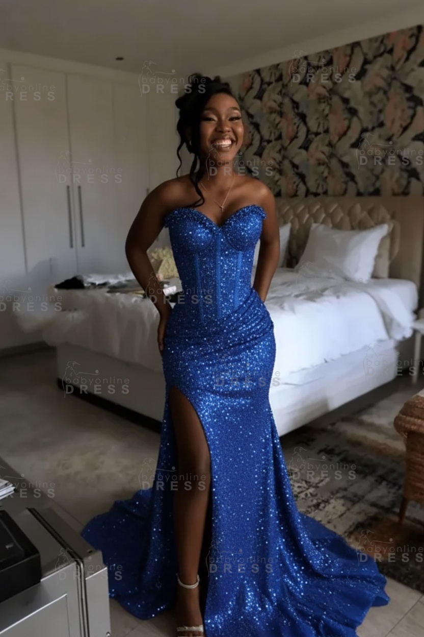Sexy Orange Mermaid Prom Dress with Sequins High Split Strapless Long Party Dress