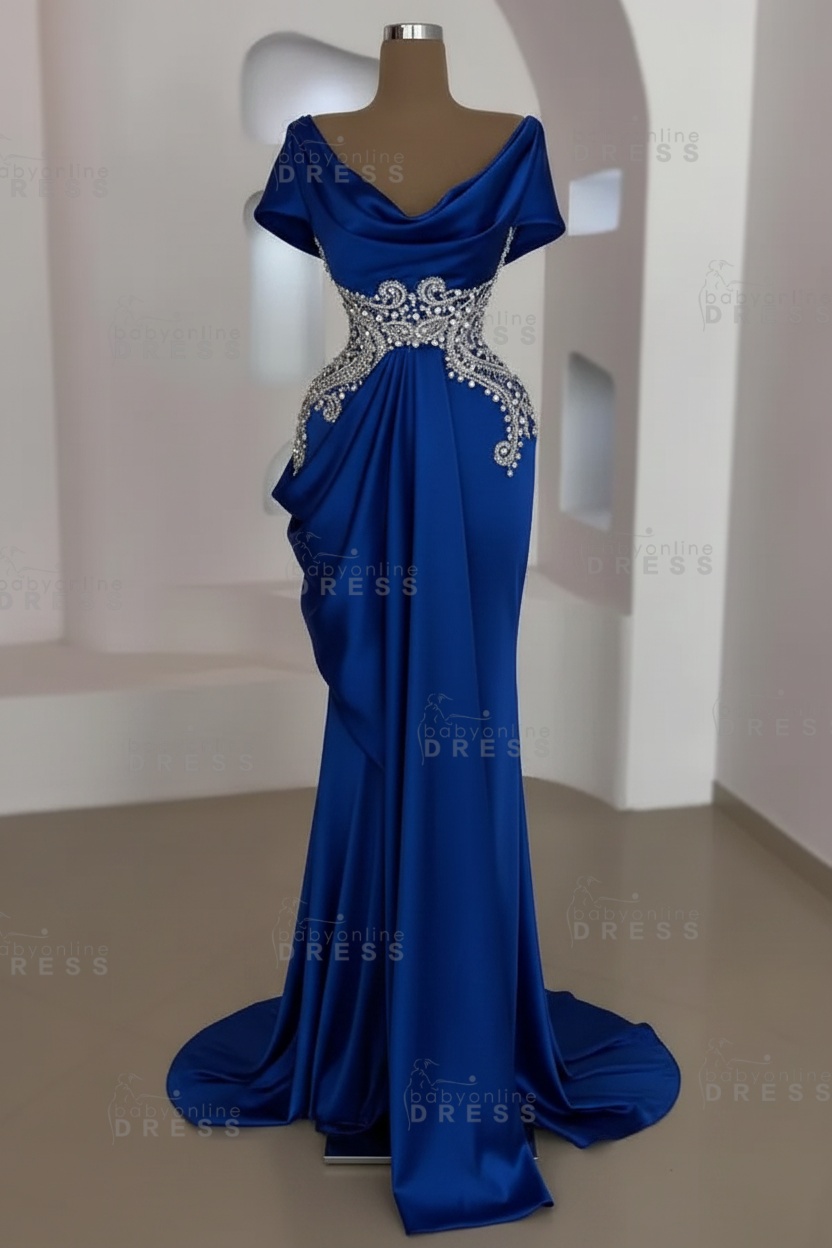 Short sleeves Mermaid Round neck Gray Prom Dresses