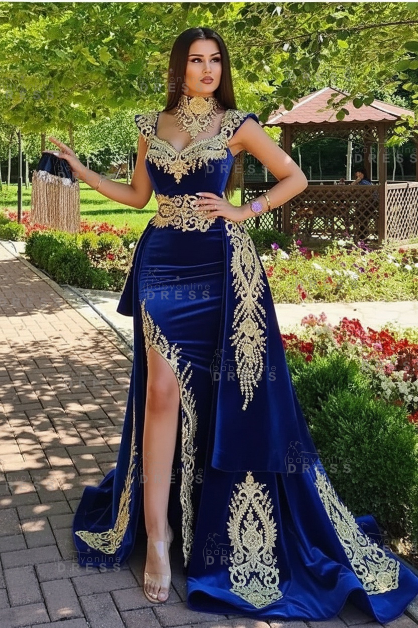 Dark Green Velvet Mermaid Evening Dress with Gold Lace appliques