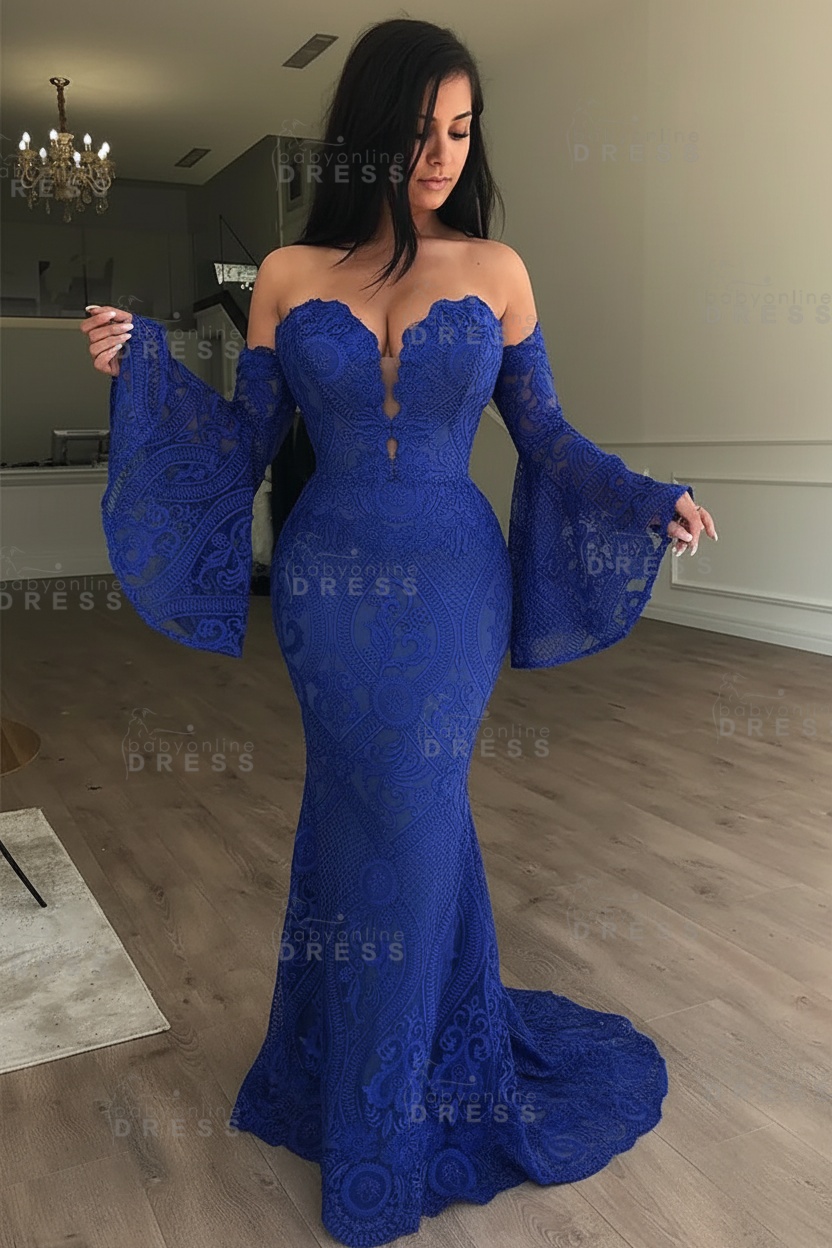 Off-the-Shoulder Long Sleeves Lace Floor-Length Mermaid Evening Dress