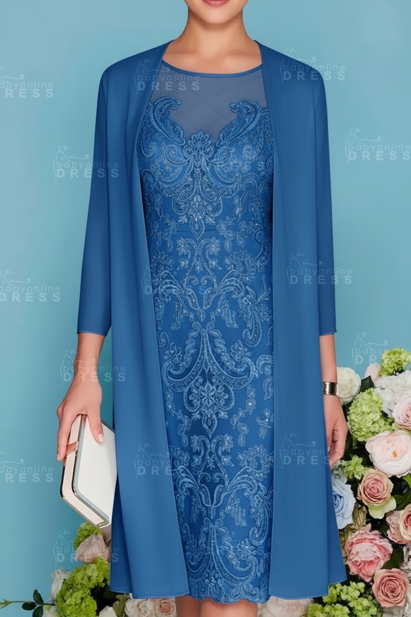 Scoop Neck Two Piece of Mermaid Slim Mother of the Bride Dress Chiffon 3/4 Sleeves Wedding Guest Outfits