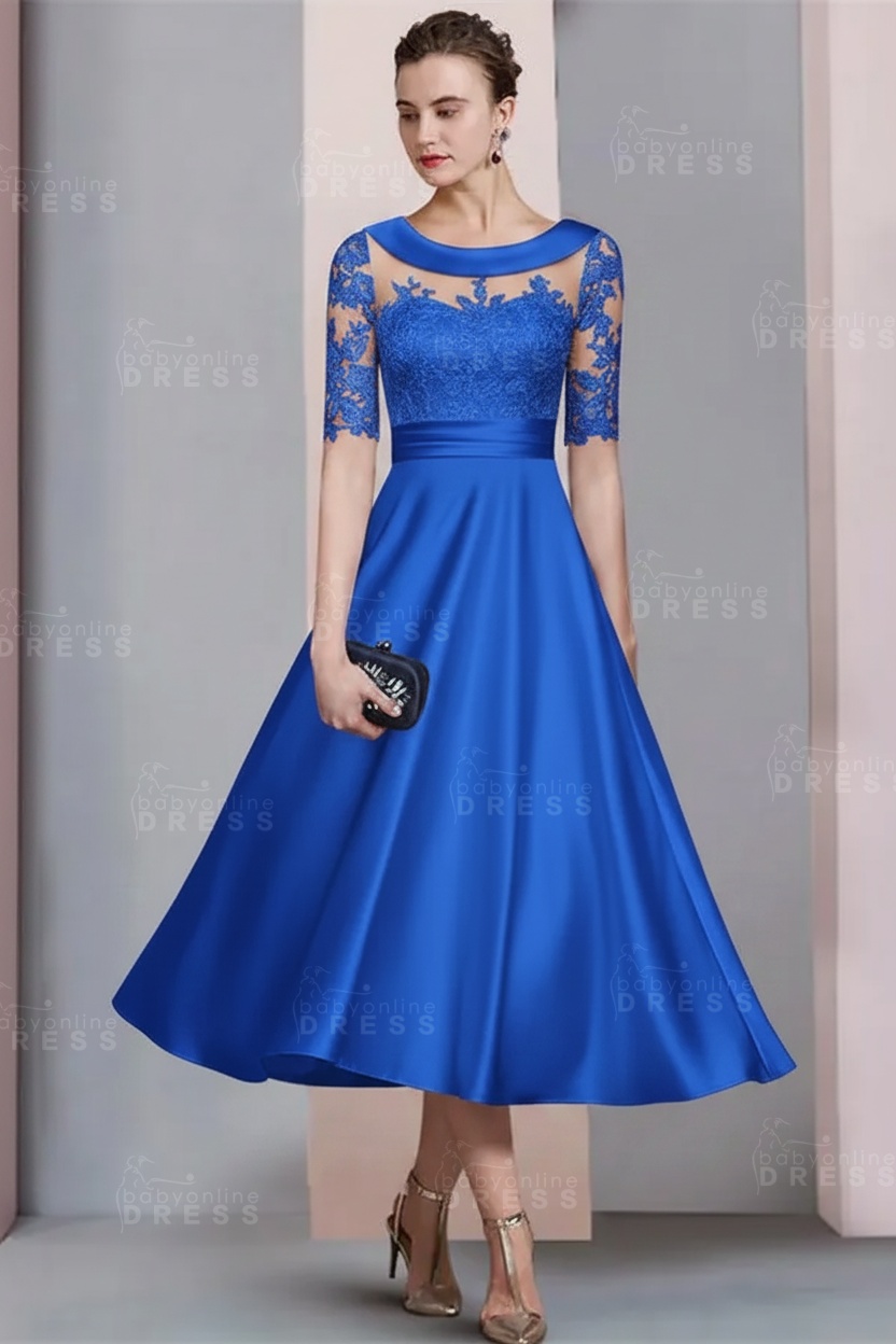 Elegant Ivory Jewel Lace Beading A-Line Tea Length Satin Wedding Guest Dress Formal Mother Dress
