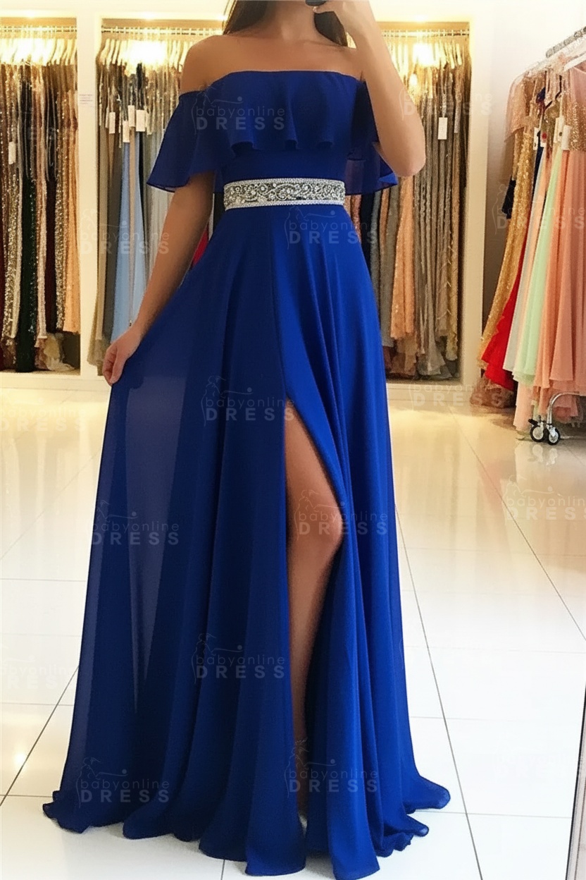 Sky Blue Off The Shoulder Evening Dresses Sexy | Chiffon Side Slit Prom Dress with Crystals Belt
