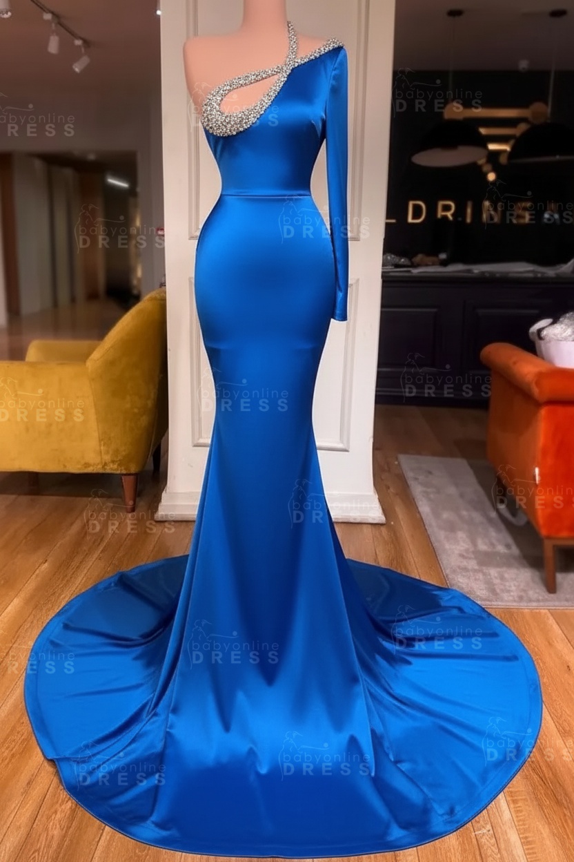 Long sleeves Beaded neckline Black Mermaid Prom Dresses