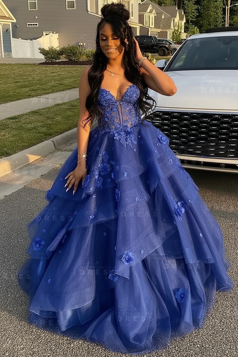 Sleeveless V-Neck Tulle Aline Prom Dress Floral Tiered Ruffles Corset Evening Dress