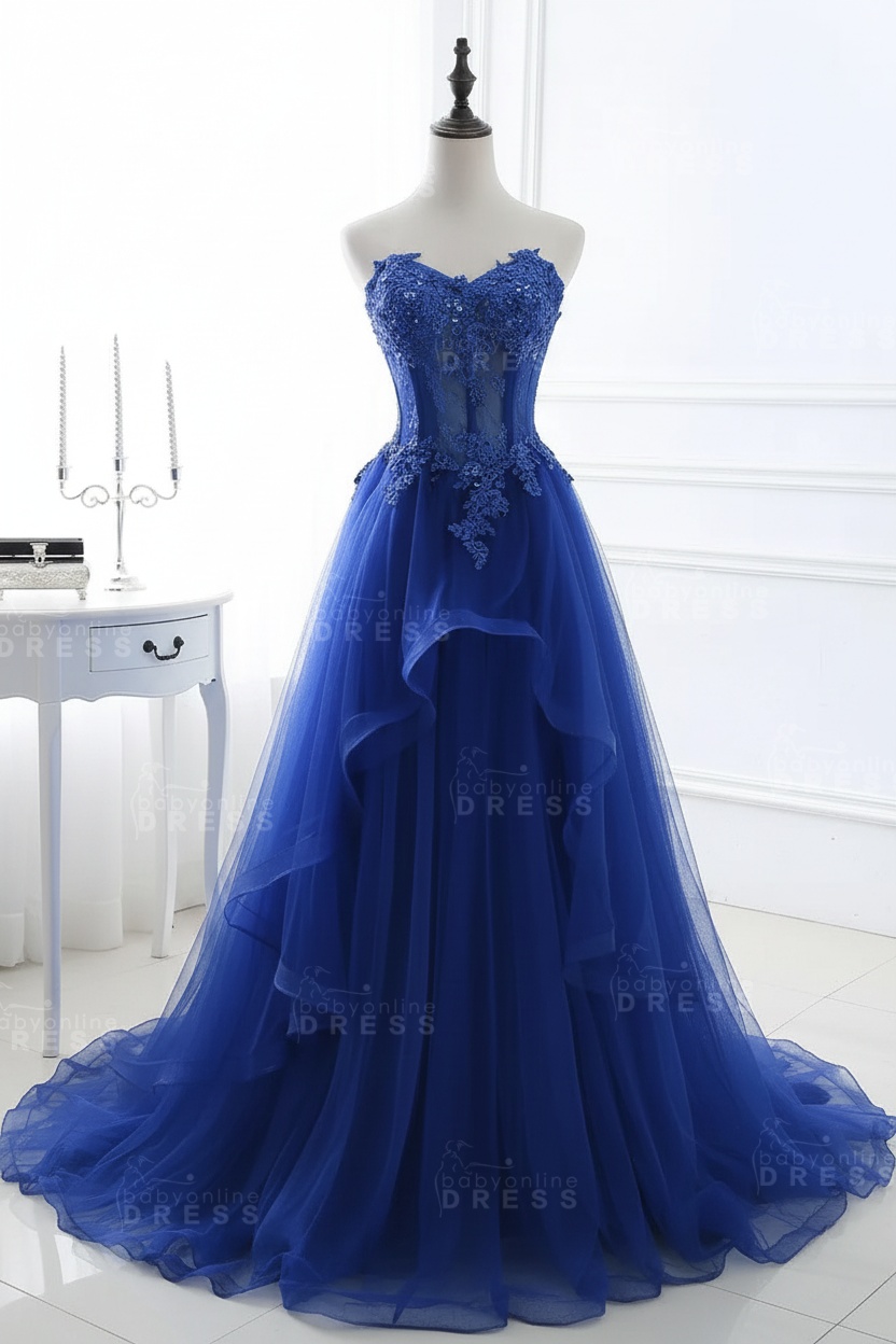 CHARLIZE |Ball Gown Sweetheart Tulle Sky Blue Prom Dress with Sequins BM0422