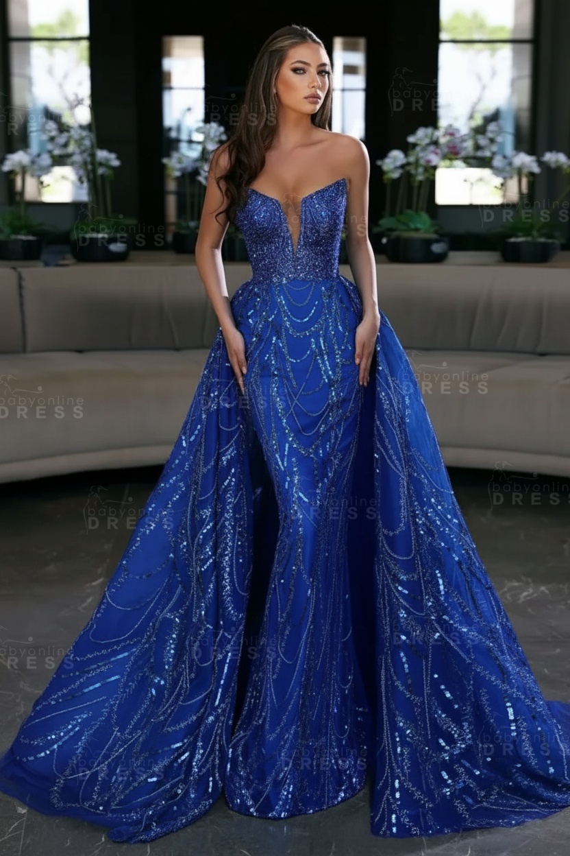 Blue Sequin Mermaid Sweetheart Prom Dresses with Overskirt