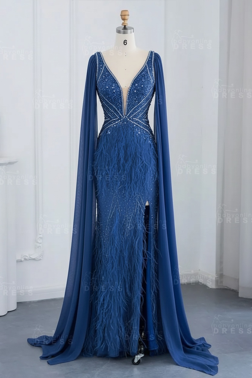 Glamorous V-Neck Fur Beadings Front Slit Mermaid Evening Gowns with Tulle with Cape Sleeves Wedding Party Dress