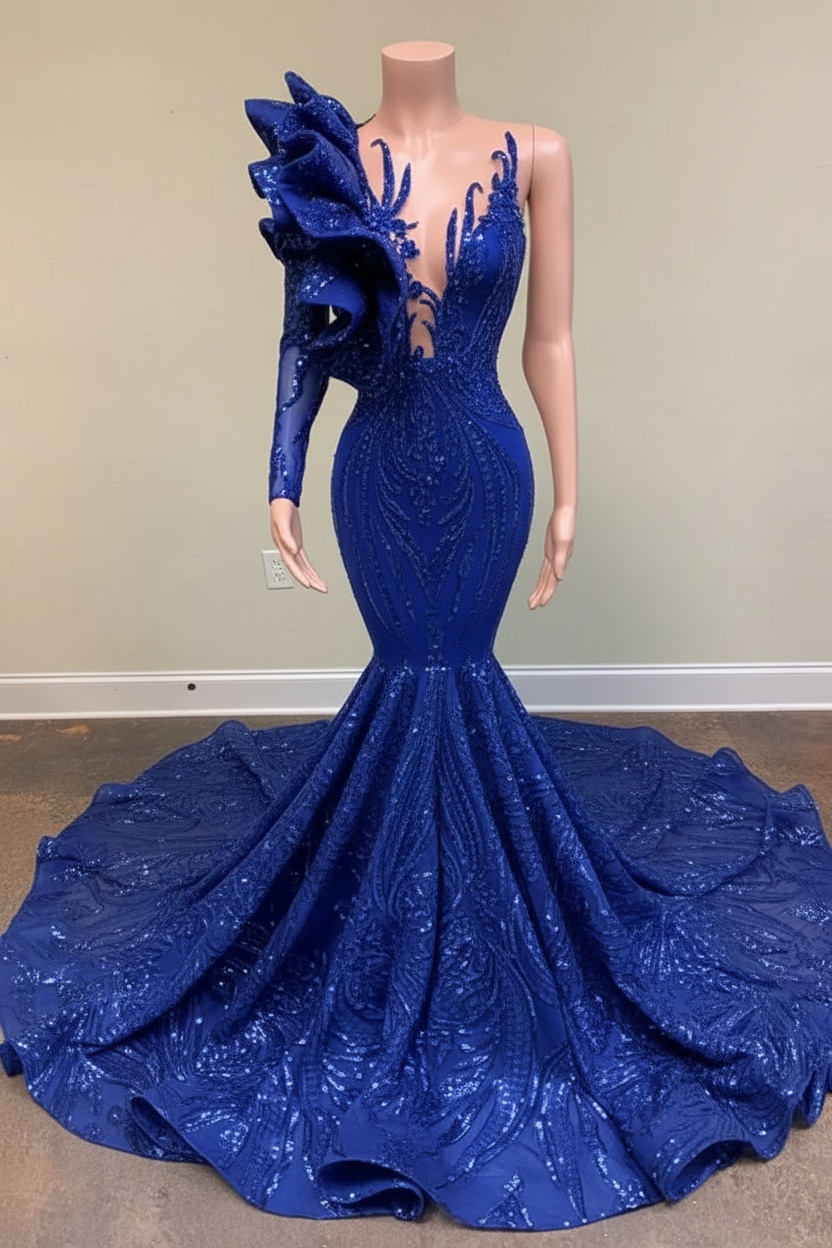 Chic Black Long Sleeve Asymmetrical Floor Length Mermaid Prom Dress